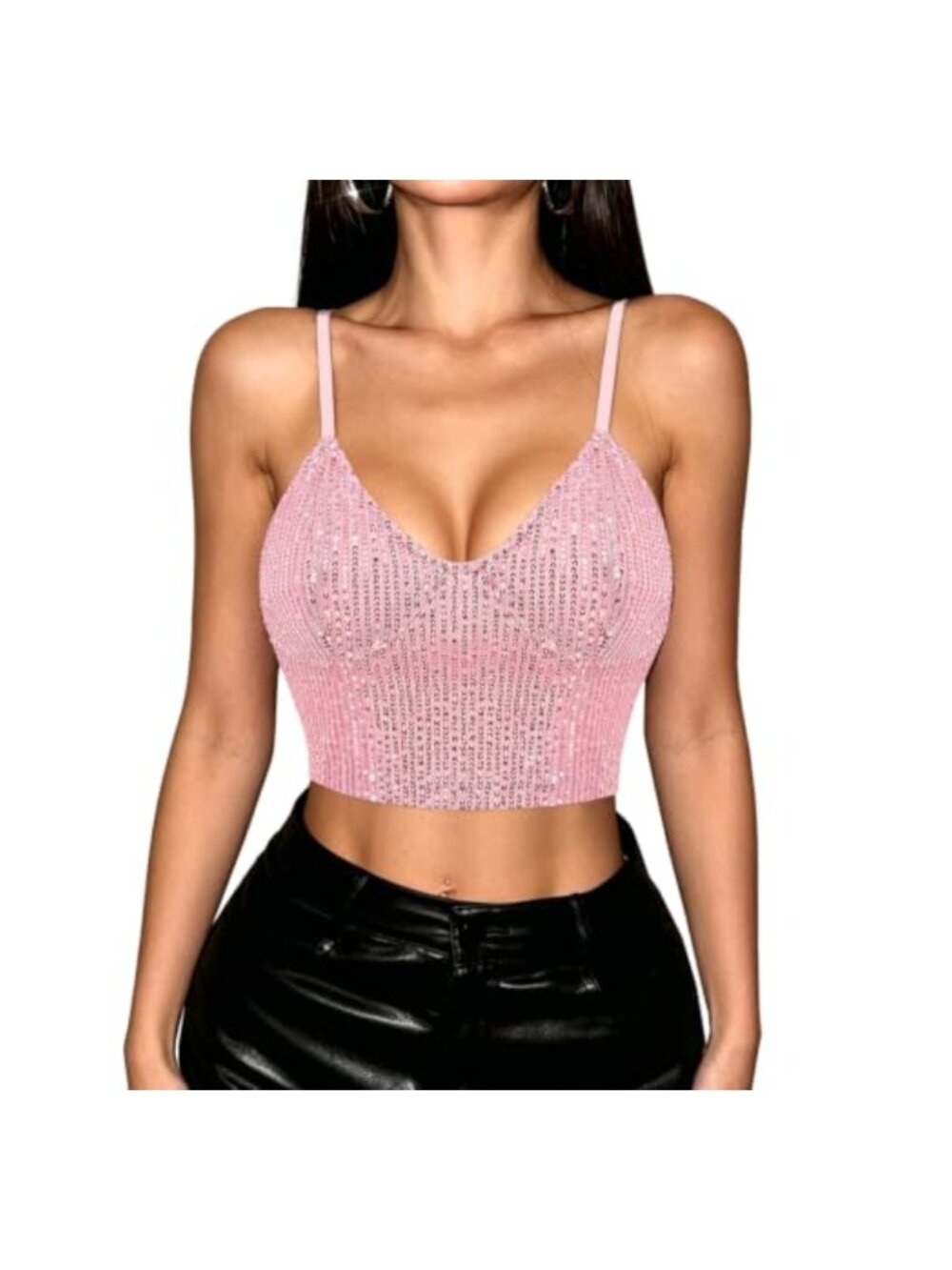 Sequined V Neck Crop Tank Top Spaghetti Strap Bustier Cami for Dance Club Rave